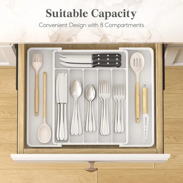 AEELLEEA Expandable Silverware Drawer Organizer Tray, White Adjustable Kitchen Utensil Holder for Flatware