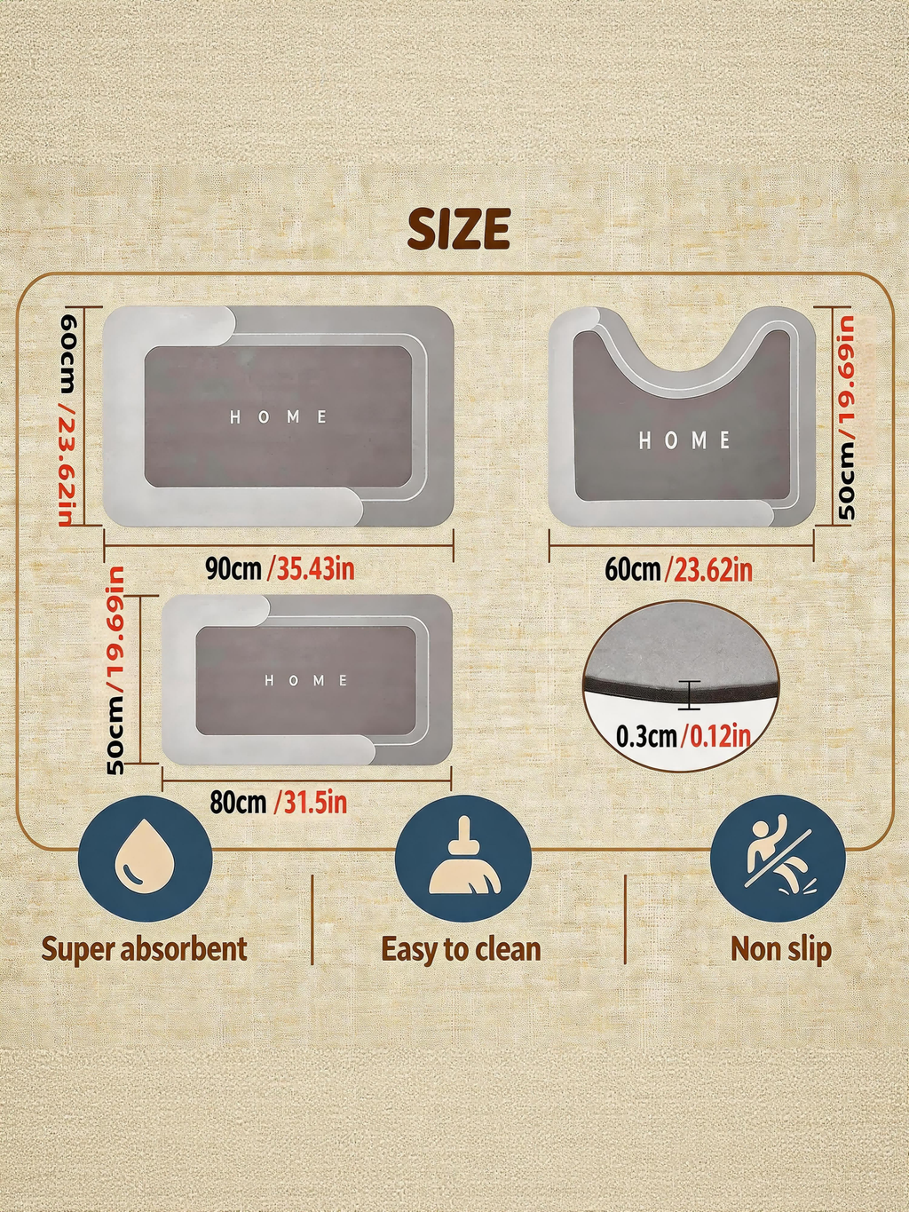 AEELLEEA Diatomite Bathroom Mats Set of 3, Quick Dry Absorbent Non Slip Bath Rugs, U-Shaped Toilet Mat for Bathroom Kitchen