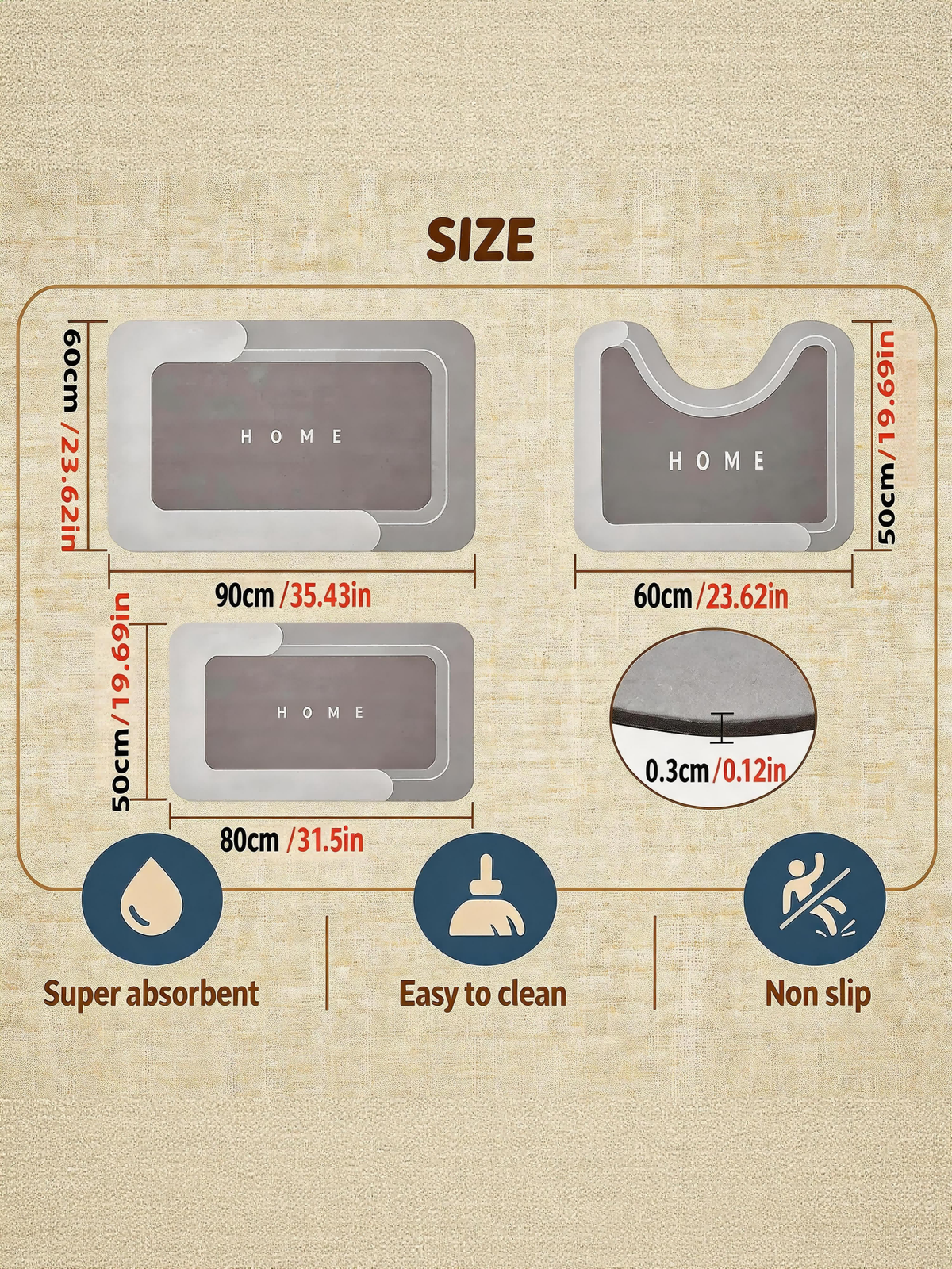 AEELLEEA Diatomite Bathroom Mats Set of 3, Quick Dry Absorbent Non Slip Bath Rugs, U-Shaped Toilet Mat for Bathroom Kitchen