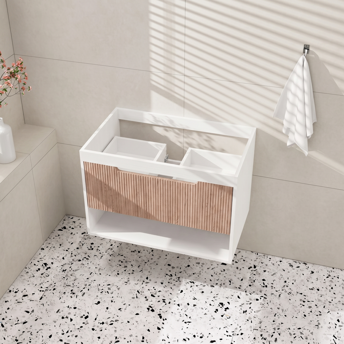 AEELLEEA 30" Floating Bathroom Vanity, Fluted Oak Drawer, White Ceramic Sink, Wall Mount Bath Cabinet