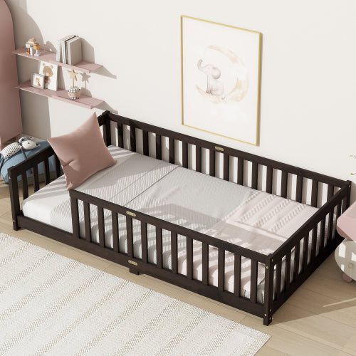 AEELLEEA Twin Size Montessori Floor Bed with Guardrails, Wooden Kids Bed Frame with Slats and Low Entry, Dark Brown