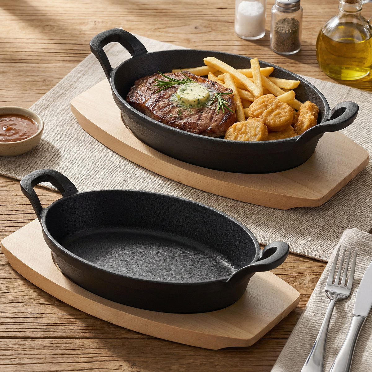 Oval Cast Iron Fajita Pan with Wooden Base, Double Handles, Individual Baking Dish for Steak, Casserole, Bakeware Set, Available in 2 Pack & 4 Pack