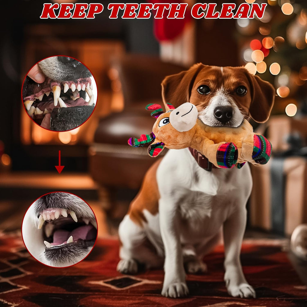 ZippyPawsDog Christmas Reindeer Plush Toys with Squeaker, Soft Pet Teeth Toys for Small & Medium Dogs