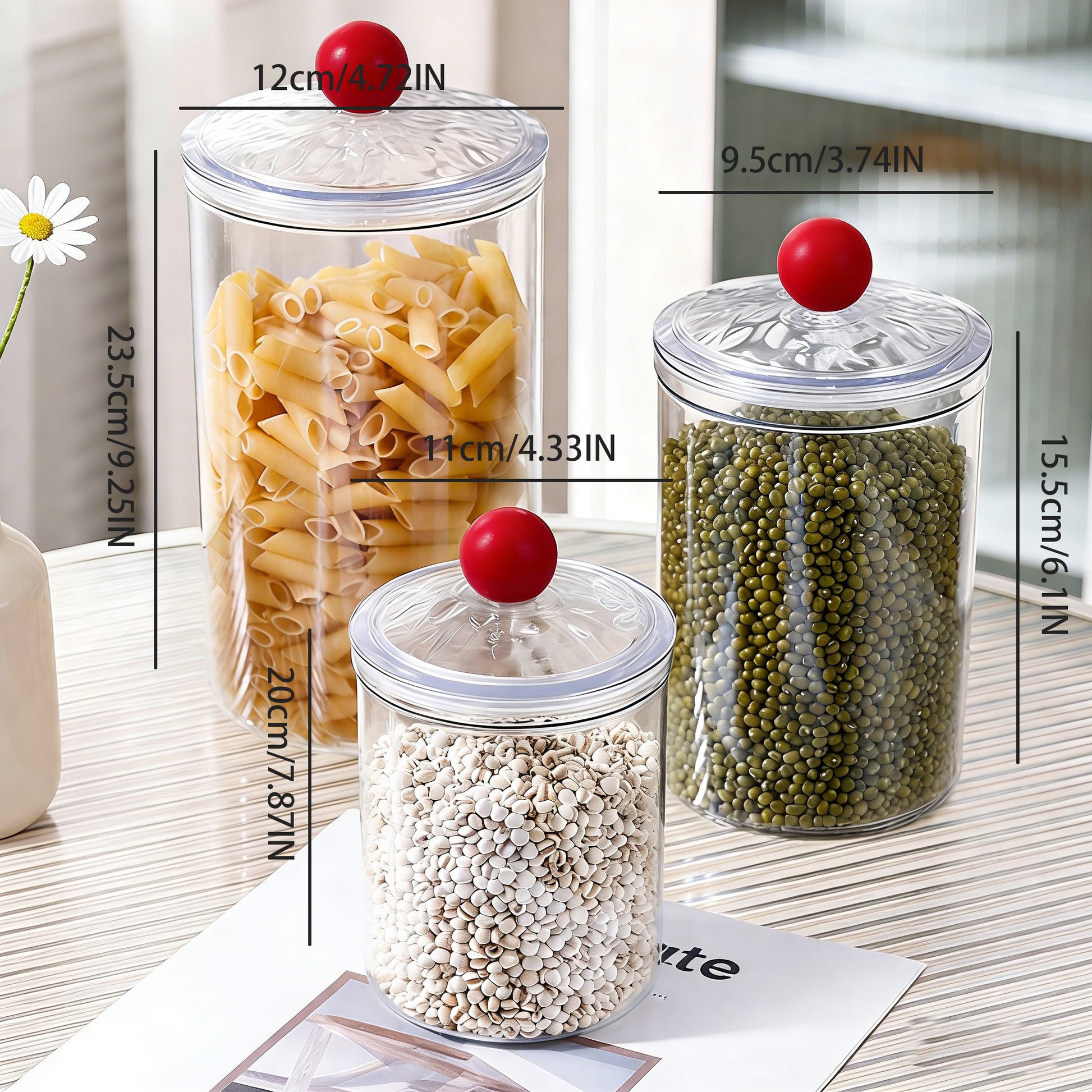Set of 3 Airtight Food Storage Canisters with Lids, Thickened Clear Leakproof Kitchen Jars, 0.9L, 1.4L, 2L
