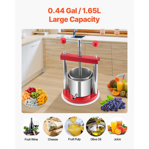 0.44 Gal / 1.65L Manual Fruit Wine Press, Stainless Steel Juice Press with T-Handle, Apple Grape Cider