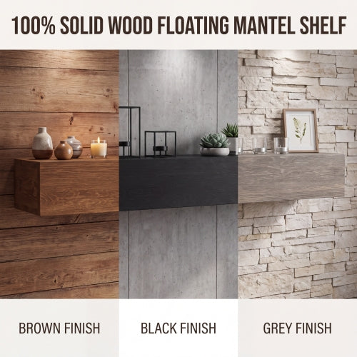 AEELLEEA 48-Inch Solid Wood Floating Fireplace Mantel Shelf, 9 x 6 in, Black, 50 lb Capacity