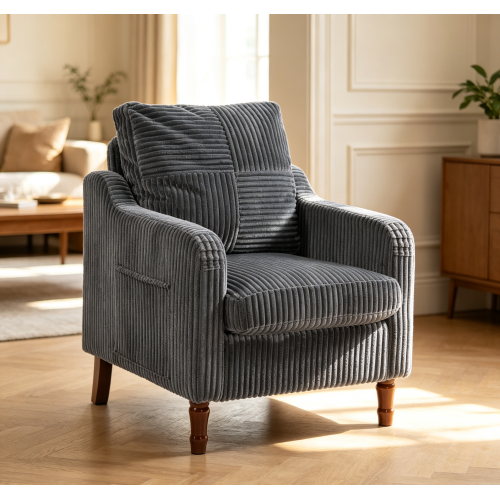 AEELLEEA Mid Century Corduroy Accent Chair, Armchair with Solid Wood Legs & Side Pocket