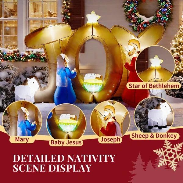 Aeelleea 7.38Ft Lighted Christmas Inflatable Nativity Scene, JOY Sign Blow Up Decor with Built-in LED Lights for Yard Lawn Garden Holiday Display