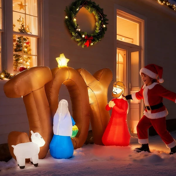 Aeelleea 7.38Ft Lighted Christmas Inflatable Nativity Scene, JOY Sign Blow Up Decor with Built-in LED Lights for Yard Lawn Garden Holiday Display