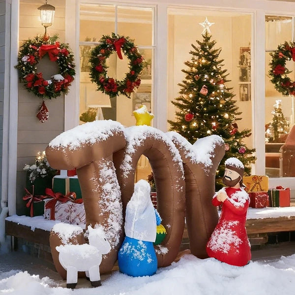 Aeelleea 7.38Ft Lighted Christmas Inflatable Nativity Scene, JOY Sign Blow Up Decor with Built-in LED Lights for Yard Lawn Garden Holiday Display
