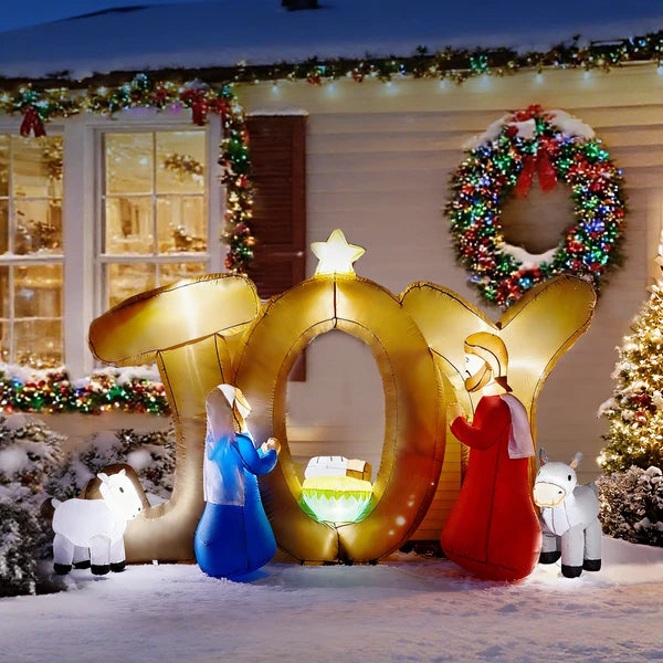 Aeelleea 7.38Ft Lighted Christmas Inflatable Nativity Scene, JOY Sign Blow Up Decor with Built-in LED Lights for Yard Lawn Garden Holiday Display