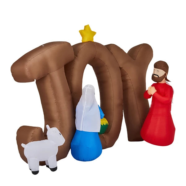 Aeelleea 7.38Ft Lighted Christmas Inflatable Nativity Scene, JOY Sign Blow Up Decor with Built-in LED Lights for Yard Lawn Garden Holiday Display