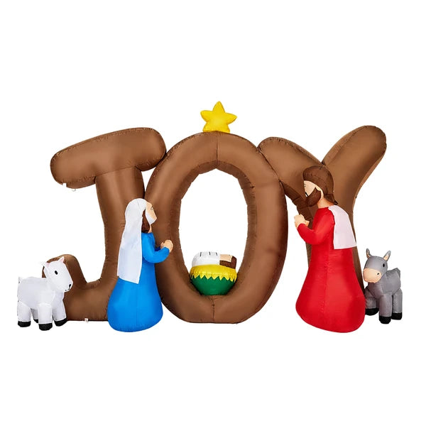Aeelleea 7.38Ft Lighted Christmas Inflatable Nativity Scene, JOY Sign Blow Up Decor with Built-in LED Lights for Yard Lawn Garden Holiday Display