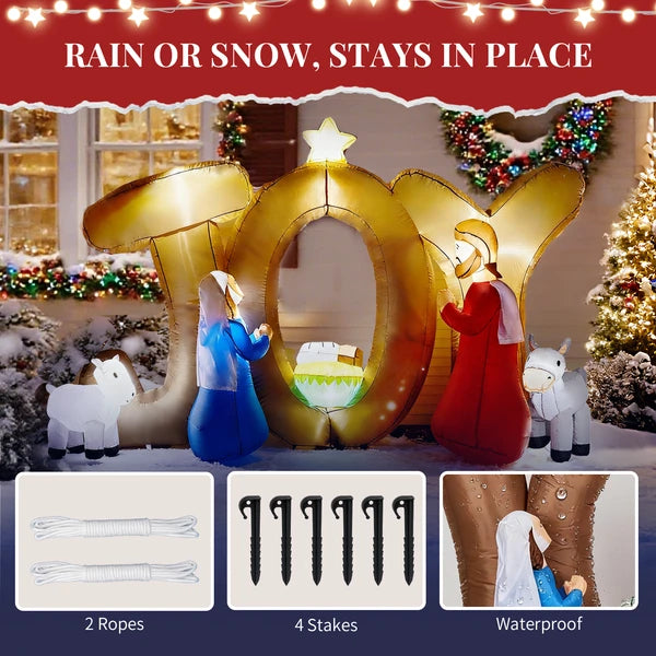 Aeelleea 7.38Ft Lighted Christmas Inflatable Nativity Scene, JOY Sign Blow Up Decor with Built-in LED Lights for Yard Lawn Garden Holiday Display
