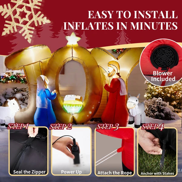 Aeelleea 7.38Ft Lighted Christmas Inflatable Nativity Scene, JOY Sign Blow Up Decor with Built-in LED Lights for Yard Lawn Garden Holiday Display