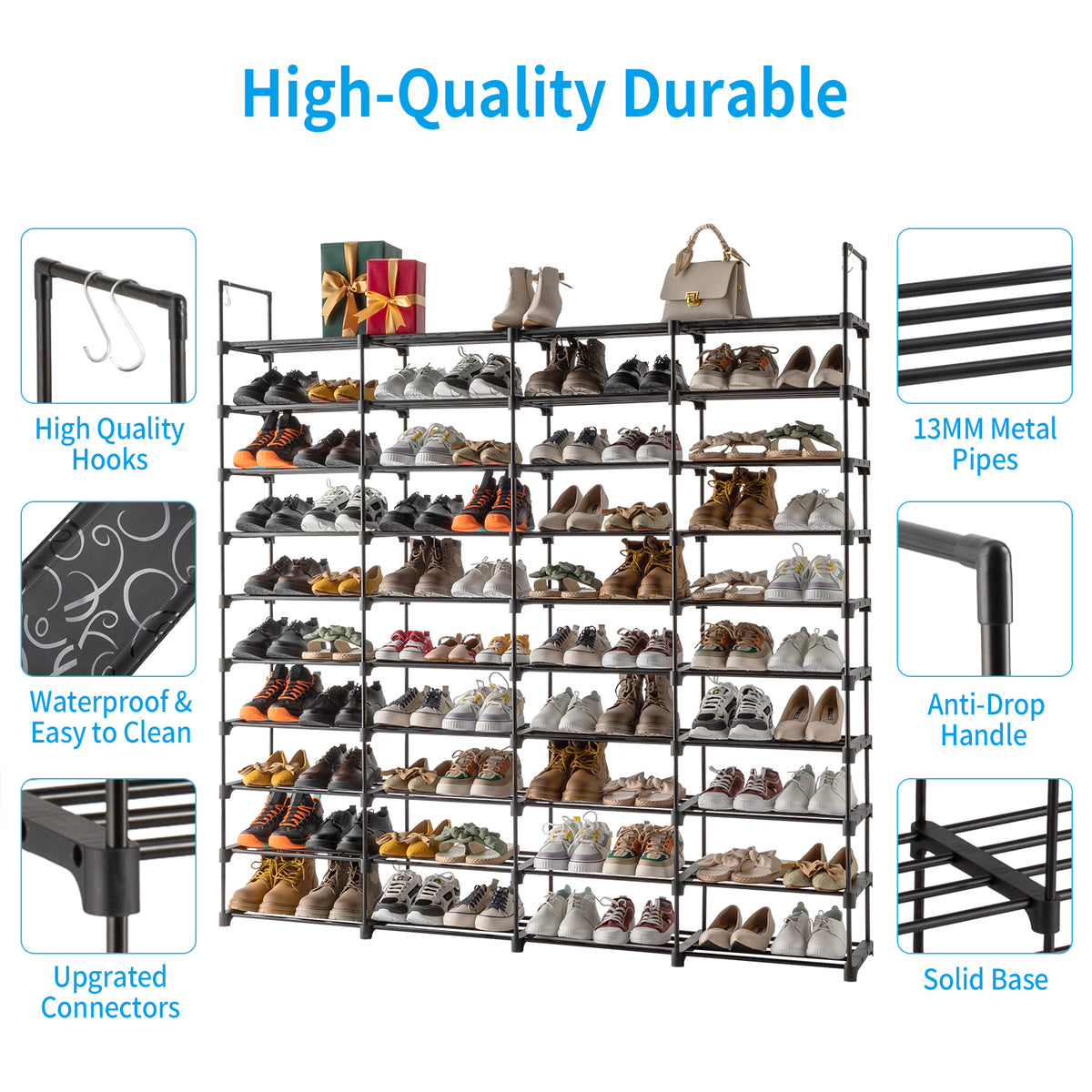 AEELLEEA- 10 Tiers Shoe Rack Organizer, Holds Up to 80 Pairs of Shoes, Metal Frame Shoe Storage Shelf with Hooks