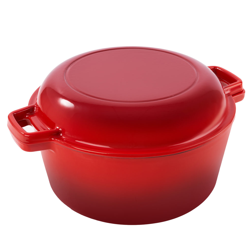 2 in 1 Enameled Cast Iron Dutch Oven, Multi-Functional Cover as Skillet, Dual Handles, Oven Safe, 3 Colors Available for Baking, Braising, Stewing