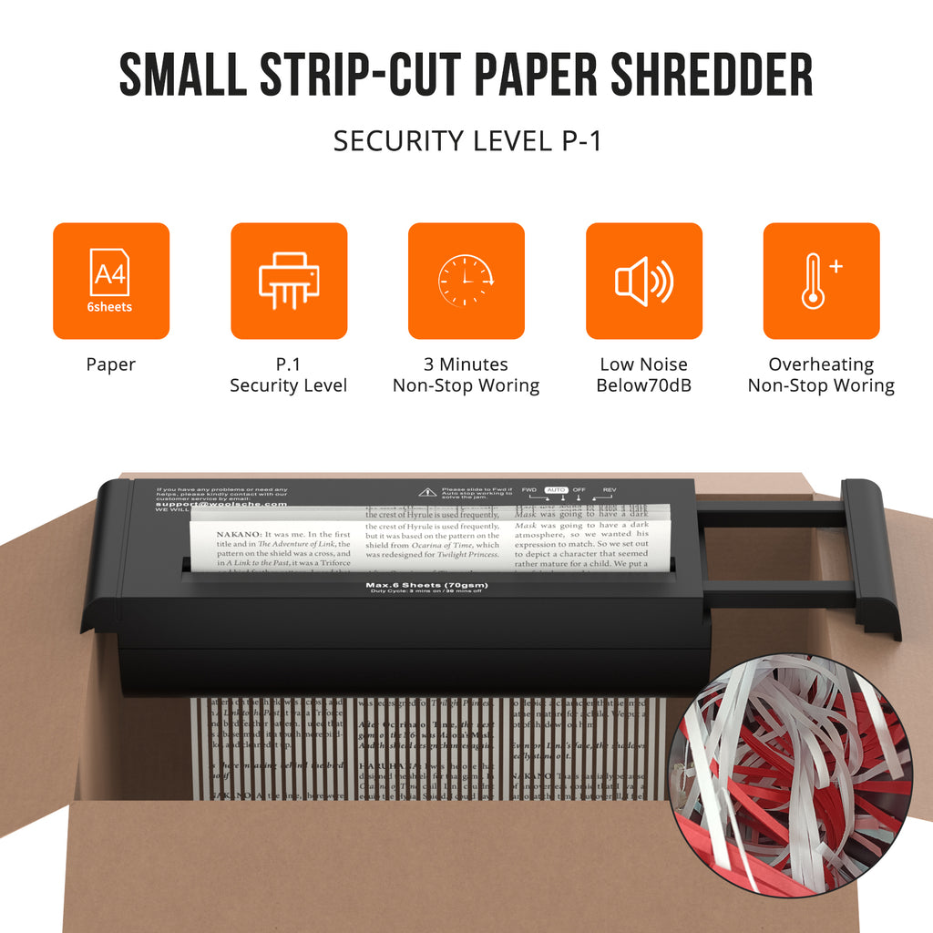 Compact Strip-Cut Paper Shredder for Home Use, 6-Page Capacity, No-Basket Portable Design, Overheat Protection