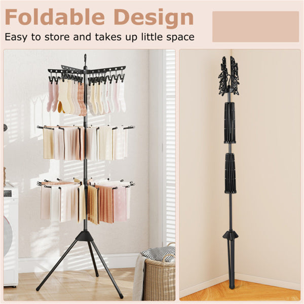 3‑Tier Foldable Tripod Clothes Drying Rack, Space‑Saving Laundry Dryer with 24 Clips & 32 Drying Rods, 70 Inch