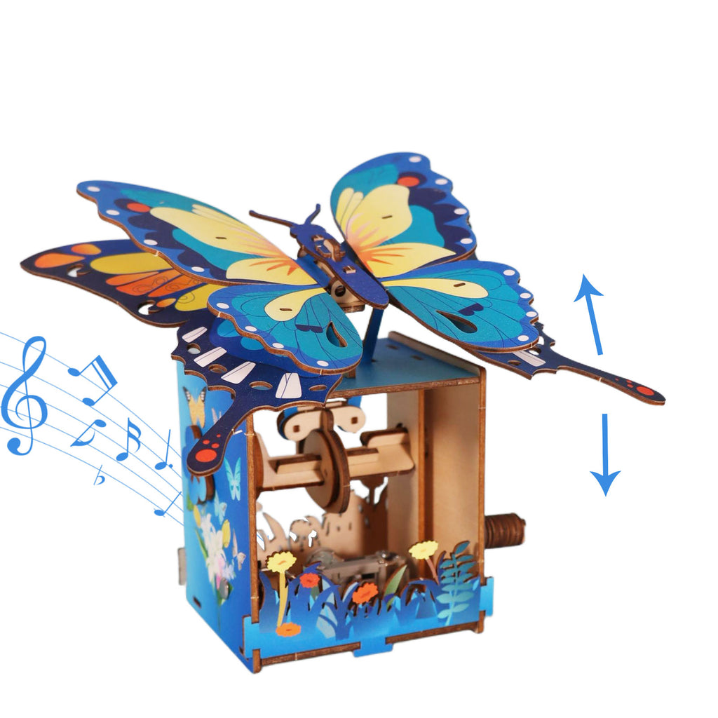 Wooden Butterfly Music Box 3D Puzzle, Hand Crank DIY Assembly Mechanical Music Kit, Gift for Teens 14+