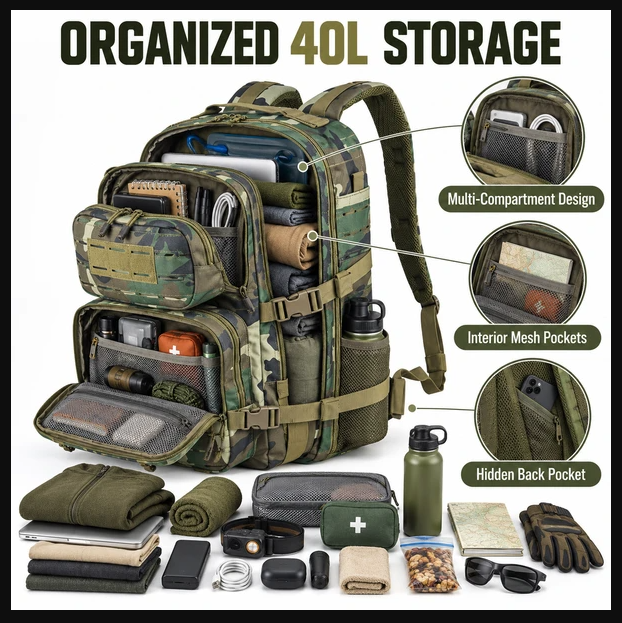 40L Tactical Military Backpack, MOLLE Laser-Cut Webbing Rucksack for Hiking, Camping, Hunting, Travel, 18"x11"x11"