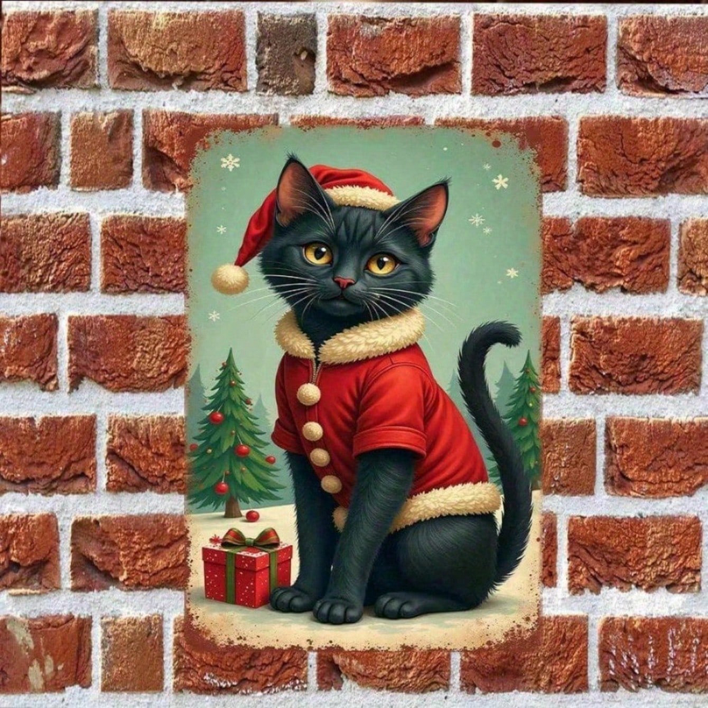 AEELLEEA-Vintage Christmas Black Cat Metal Tin Sign, 11.81x7.87 Inch Retro Wall Plaque with Santa Hat Cat, Snowflake