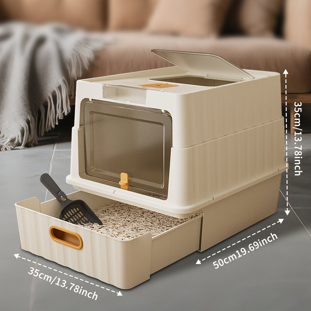 Convertible Enclosed Cat Litter Box with Pull-Out Drawer, Front Door, Top Vent Panel & Litter Scoop, White, 19.69" x 13.78" x 13.78"