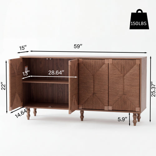 AEELLEEA 59" Walnut Brown Sideboard Buffet Cabinet with 4 Textured Doors, Farmhouse Storage Cabinet with Shelves for Dining Room