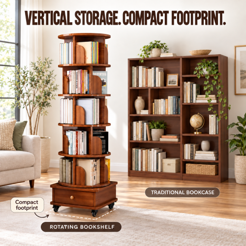 AEELLEEA 6-Tier 360° Rotating Bookshelf with Wheels & Storage Drawer, Wood Corner Bookcase Organizer for Bedroom Living Room Study, Walnut Brown