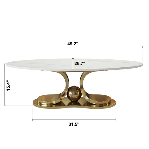 Modern oval coffee table, white artificial marble tabletop, golden S-shaped metal base, luxurious living room coffee table