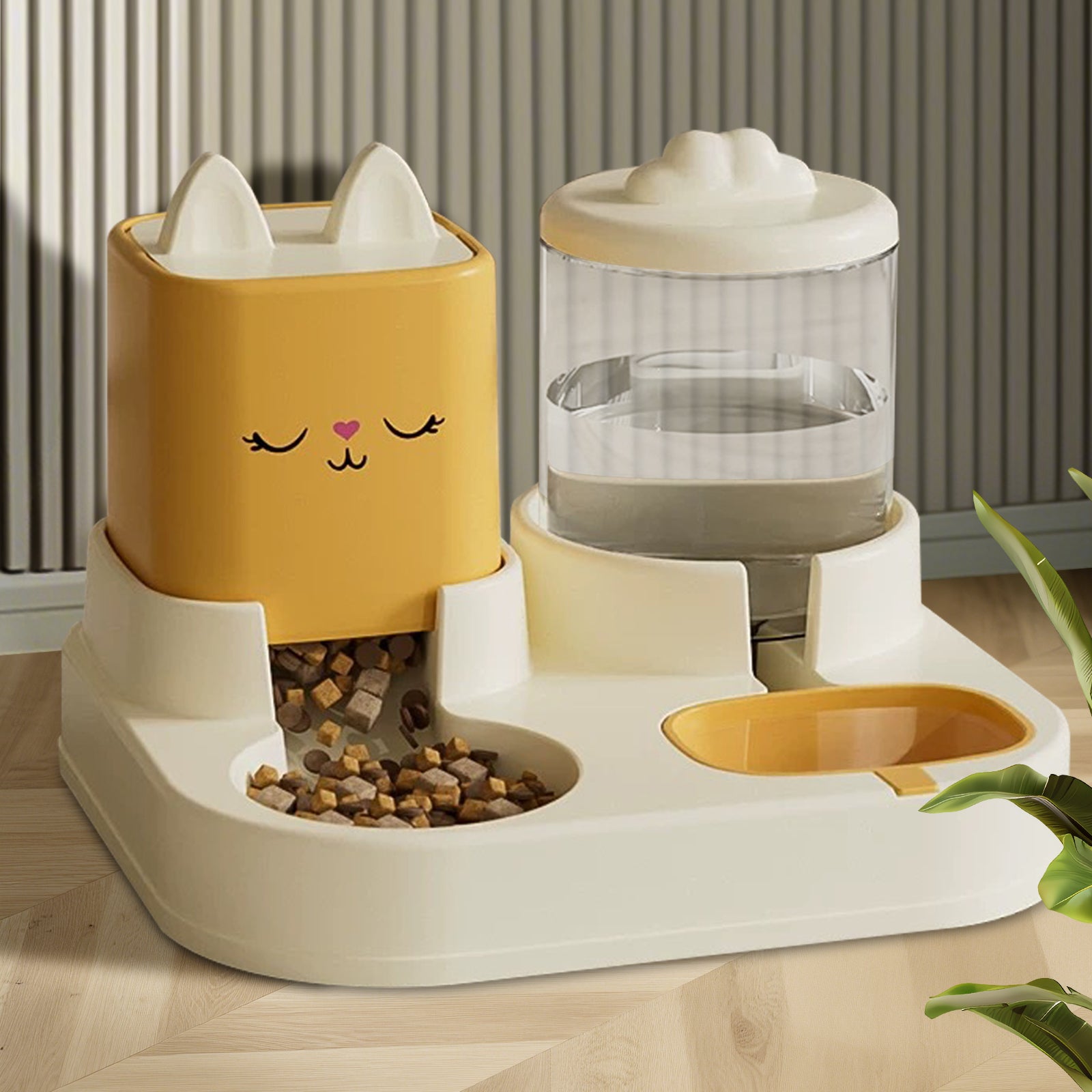Cat-Themed Automatic Pet Feeder and Water Dispenser Set, Food Bowl with Storage Container, 12.59 x 11.22 inch Base