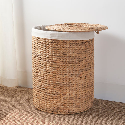 AEELLEEA 15 x 20 Inch Round Woven Water Hyacinth Laundry Hamper with Lid & Removable Liner, Decorative Storage Basket for Bedroom