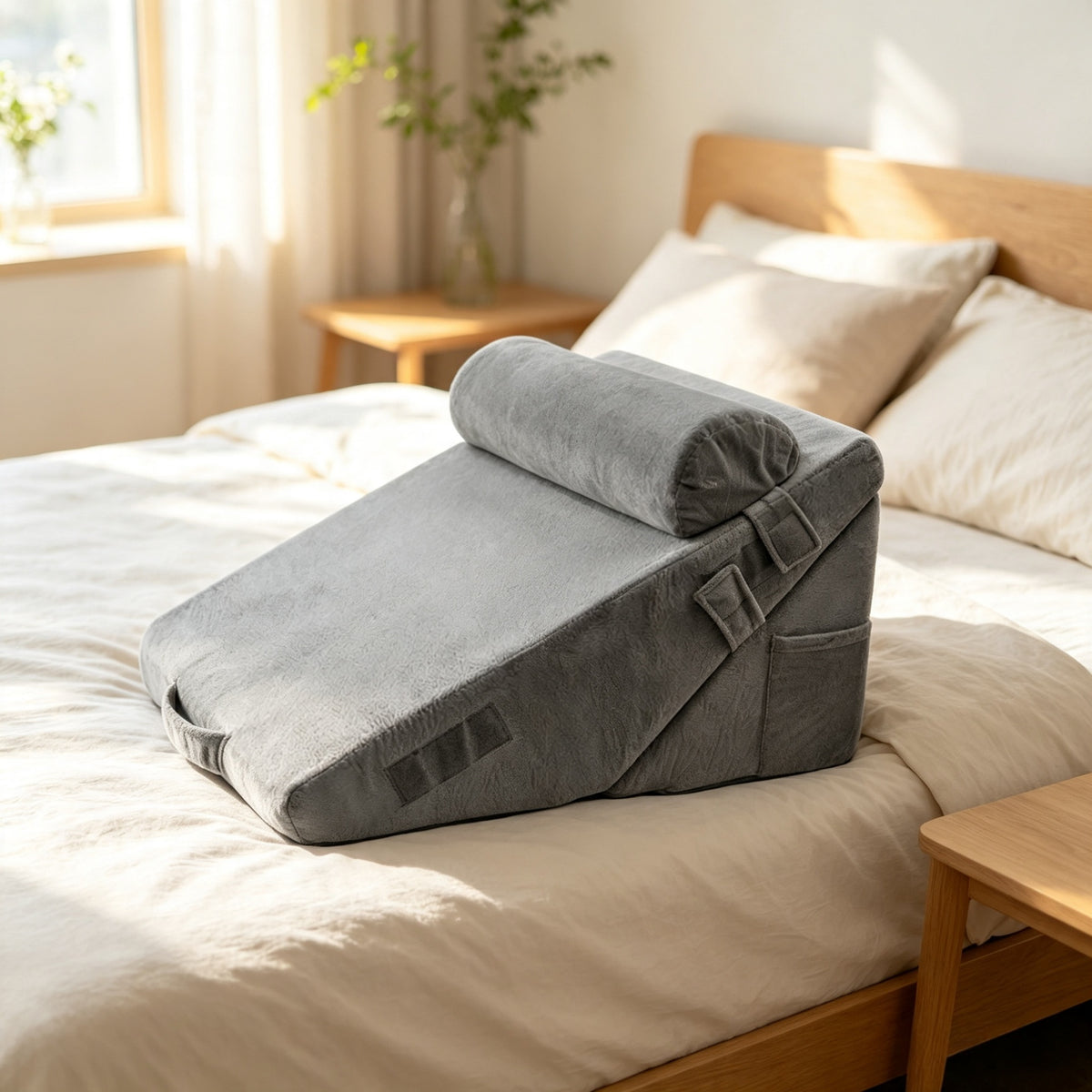 AEELLEEA Adjustable Bed Wedge Pillow with Head Roll, High Density Foam Support Pillow for Acid Reflux, Snoring, Post Surgery Reading Rest, Washable Velvet Cover