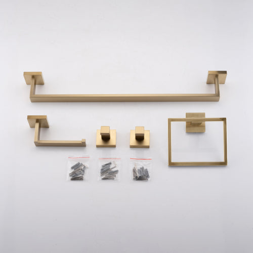 AEELLEEA 5-Piece Brushed Brass Bathroom Hardware Set, 23.82" Towel Bar Ring Toilet Paper Holder 2 Robe Hooks Wall Mount Kit
