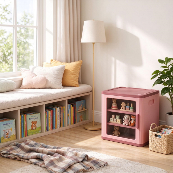 AEELLEEA Pink 2-Tier Storage Cabinet with Clear Door, 15.2" x 14" x 16.1", Kids Room Organizer