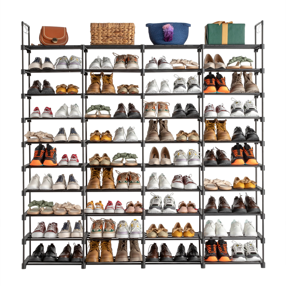 AEELLEEA- 10 Tiers Shoe Rack Organizer, Holds Up to 80 Pairs of Shoes, Metal Frame Shoe Storage Shelf with Hooks