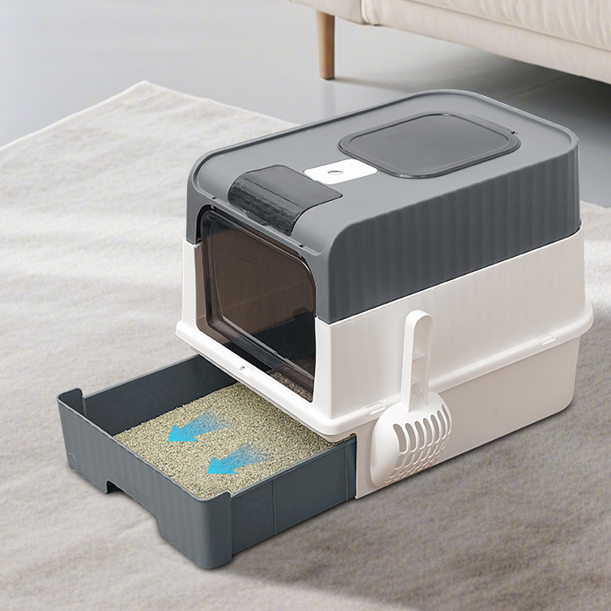 Enclosed Cat Litter Box with Lid, Anti-Tracking Fence, Drawer Tray & Scoop, Odor Control, Large, for Indoor Cats - Black, Gray, Blue, Pink