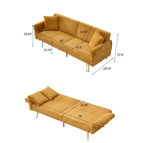 Aeelleea 79 Inch Corduroy Sofa Bed, Foldable Convertible 2-Seater Couch with Foldable Armrests, Suitable for Living Room & Small Spaces