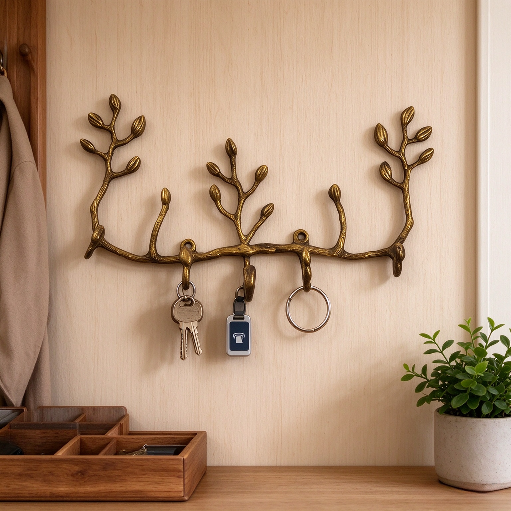 Antique Brass Twig Wall Key Holder, 5 Hooks Decorative Branch Shape Wall Mount Hanger for Keys, Jewelry, Scarves, Rustic Home Wall Decor