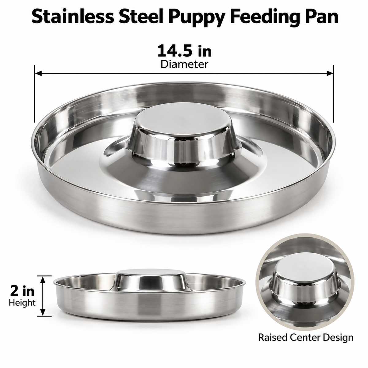 AEELLEEA 14.5" Stainless Steel Puppy Feeding Pan with Raised Center, Multi-Puppy Dog Food Bowl