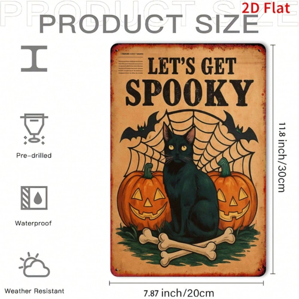 Halloween Retro Square Metal Tin Sign, Black Cat & Pumpkin 2D Flat Wall Hanging Decor for Home Party