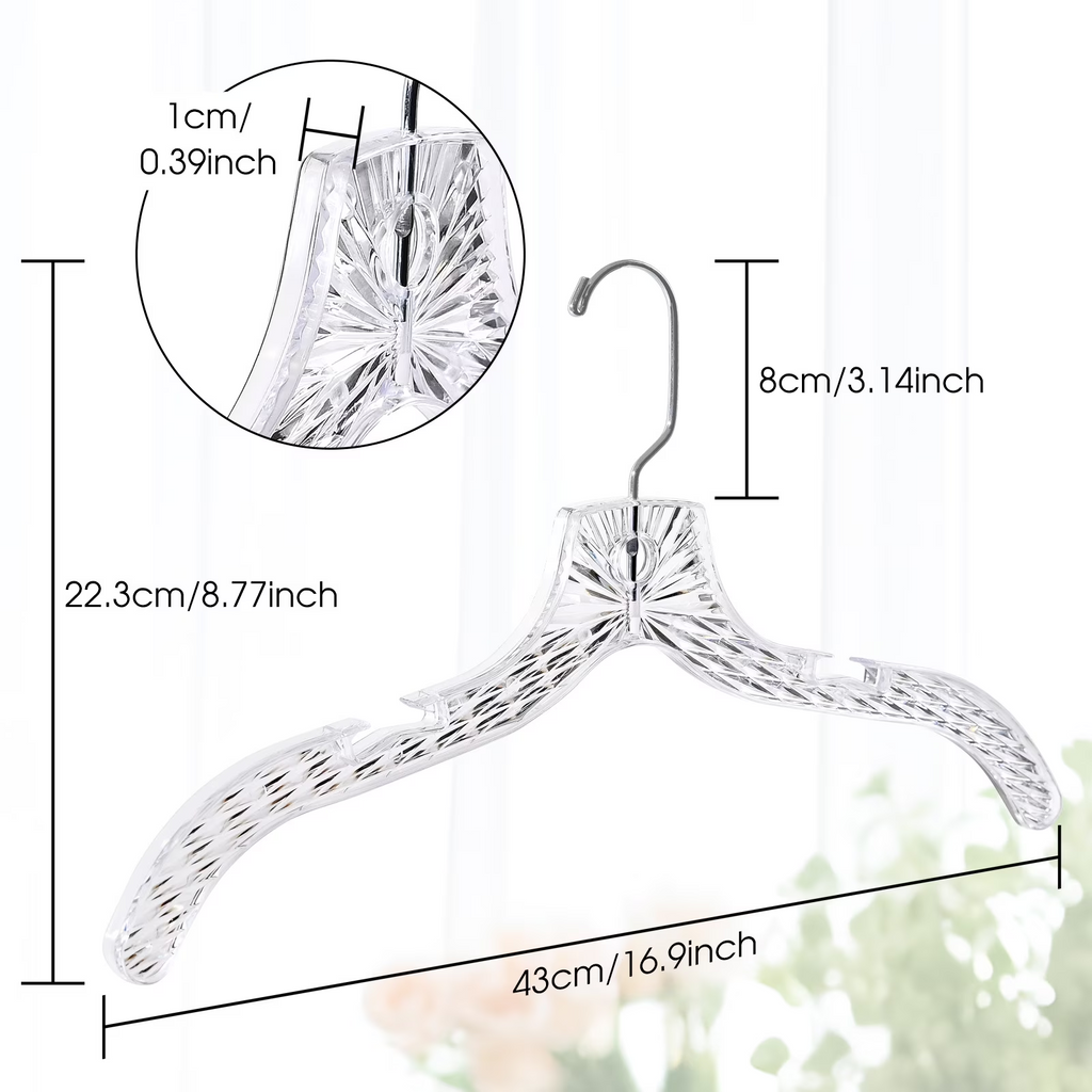 AEELLEEA Crystal Clear Plastic Clothes Hangers 20 Pack, Diamond Cut Garment Hangers with 360° Swivel Metal Hook, Heavy Duty Non Slip Notches for Closet Dress Shirt Coat Storage