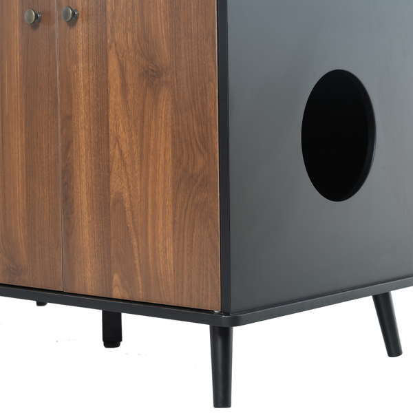 AEELLEEA Cat Litter Box Furniture Cabinet with 3 Doors, Storage Shelves and Side Cat Entry, Black and Walnut
