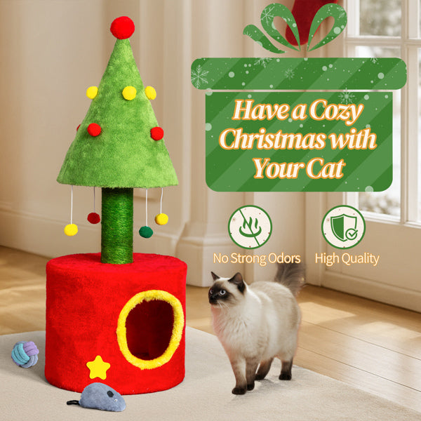 30 Inch Cat Scratching Post with Cat House, Small Cat Tree Tower with Sisal Scratching Post and Hanging Plush Balls, Indoor Kitten Cat Tree with Cozy Nest, Red & Green