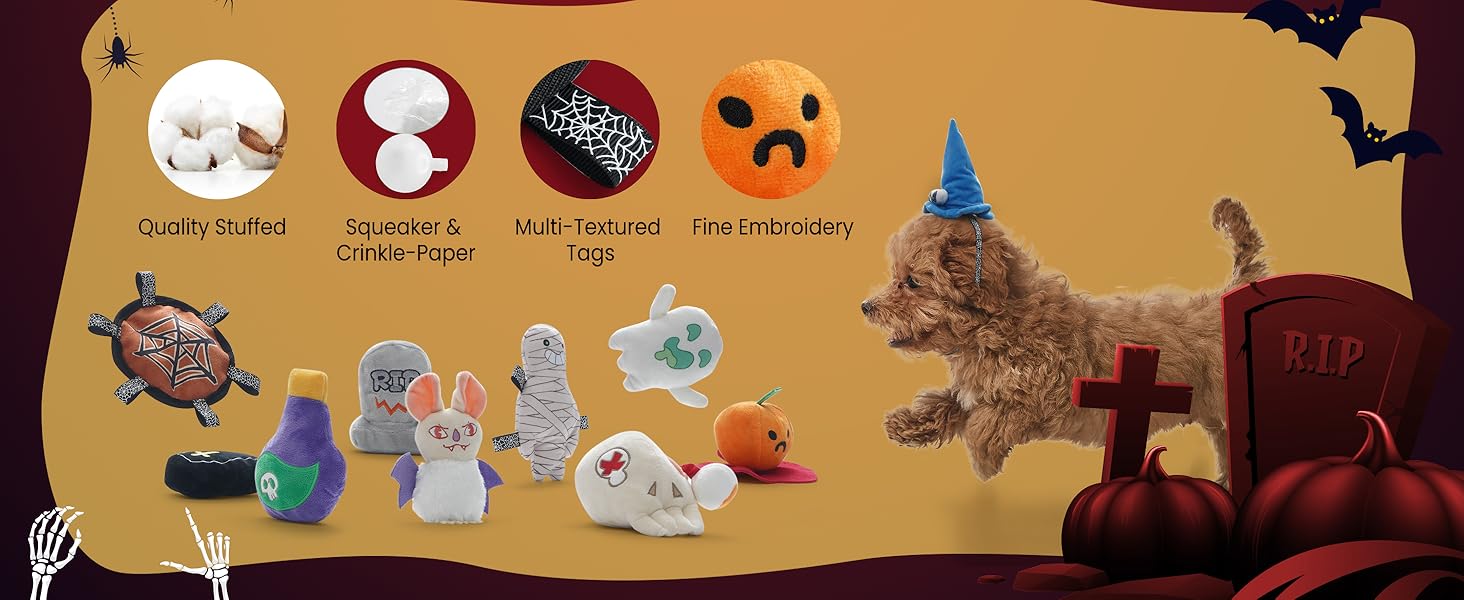 10PC Halloween Dog Toys Set, Creepy-Theme Puppy Enrichment Small Dog Toys Squeaky & Crinkle Funny Plush Stuffed Chew Toys Bundle for with Pumpkin, Skeleton, Mummy, Bat & More