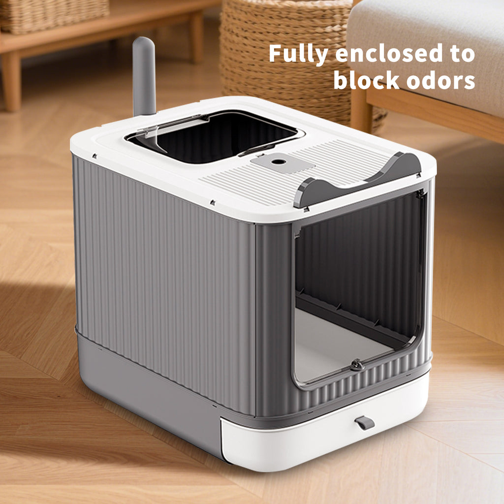 Foldable Enclosed Cat Litter Box with Drawer Tray, Top Exit & Front Entry, Litter Scoop, Gray and white, 19.69" x 13.78" x 13.78"