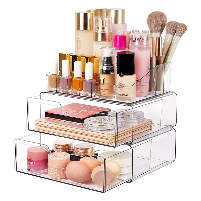 Clear Stackable Makeup Organizer with 2 Drawers, 3-Tier Cosmetic Storage with Divided Top Tray, Non-Slip Vanity Holder for Skincare Brushes