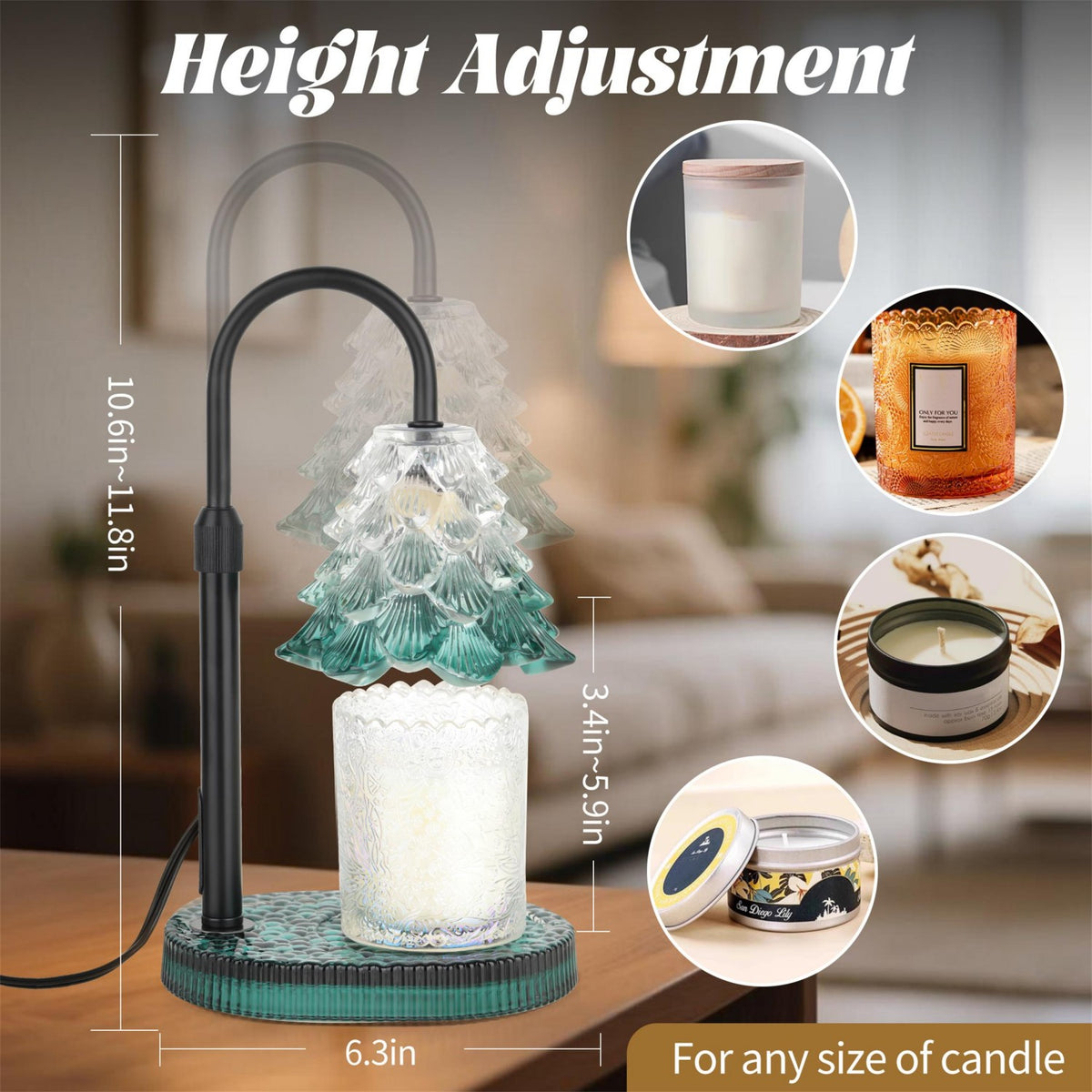 Candle Warmer Lamp, Christmas Tree Lampshade Glass Base Wax Melt Warmer for Jar Candles with Timer Dimmable Adjustable Height 2 Bulbs, Home Decor Gift