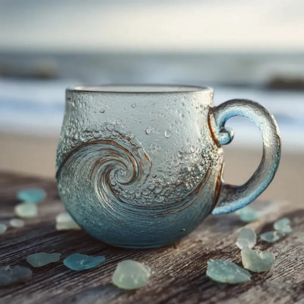 Handblown Ocean Wave Sea Glass Mug, 12oz Textured Blue Glass Coffee Tea Cup, Coastal Beach Themed Drinkware, Unique Artisan Gift for Ocean Lovers