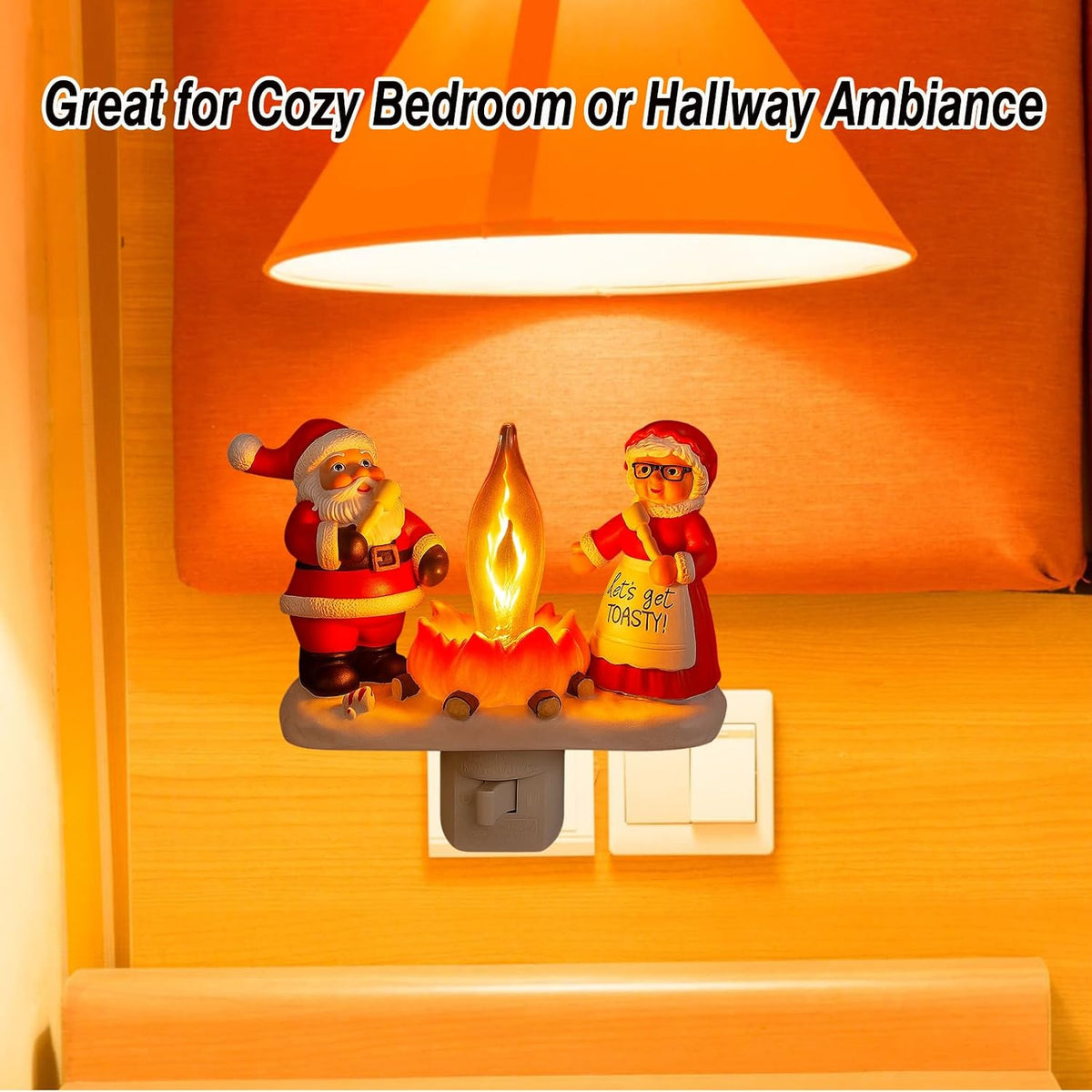 Christmas Plug-in Night Light Santa and Mrs Claus Roasting Marshmallow by Campfire Flickering Flame Resin Figurine Wall Sconce.